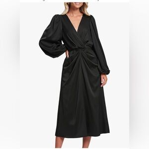 Women's Satin Wrap V Neck Puff Long Sleeve Ruched High Waist Maxi Dress Black XL